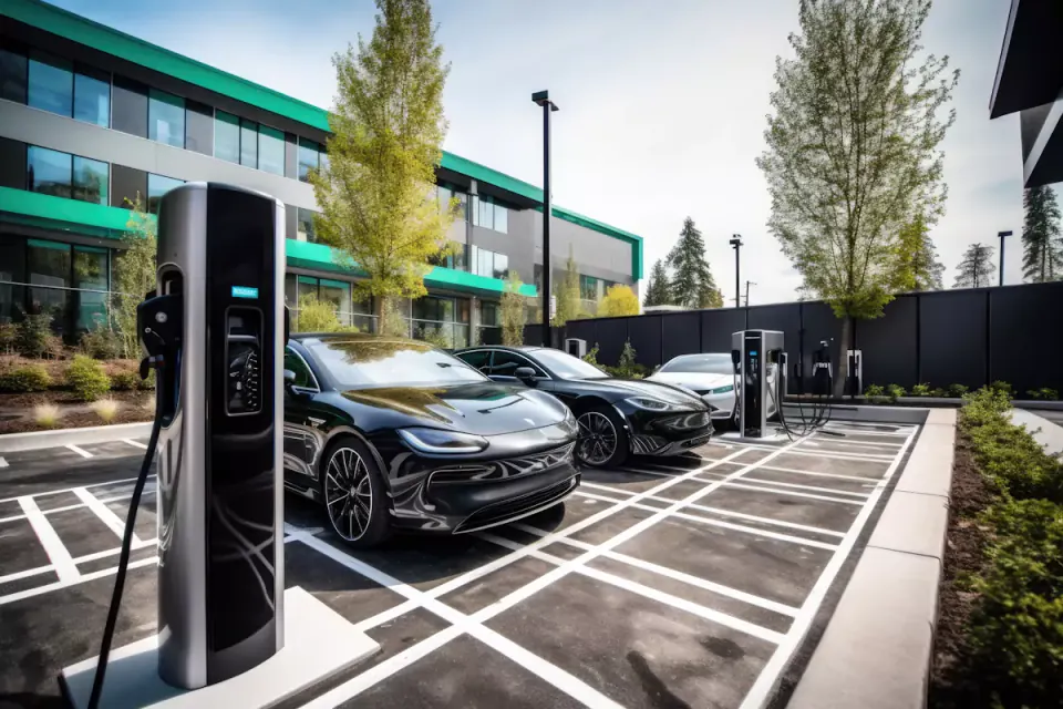 Carros elétricos pretos a carregar nos postos do parque de estacionamento de um edifício de empresa