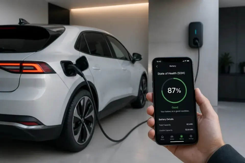 Carro elétrico a carregar com telemóvel a mostrar o SoH da bateria do carro a 87%