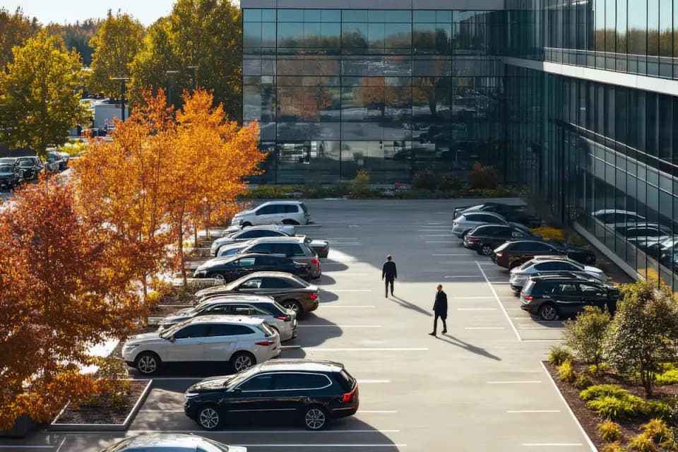 Parque de estacionamento de um edifício de escritórios com vários carros, para frota de empresas