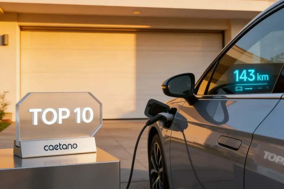 Placa com top 10 e logo Caetano ao lado de carro híbrido a carregar