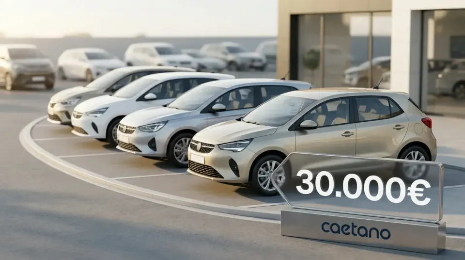 carros dispostos lado a lado com placa a mencionar 30000 euros e logótipo Caetano